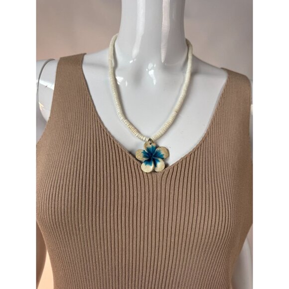 Vintage Shell & Bead Necklace With Hand-Painted Blue Floral Pendant - Picture 16 of 16